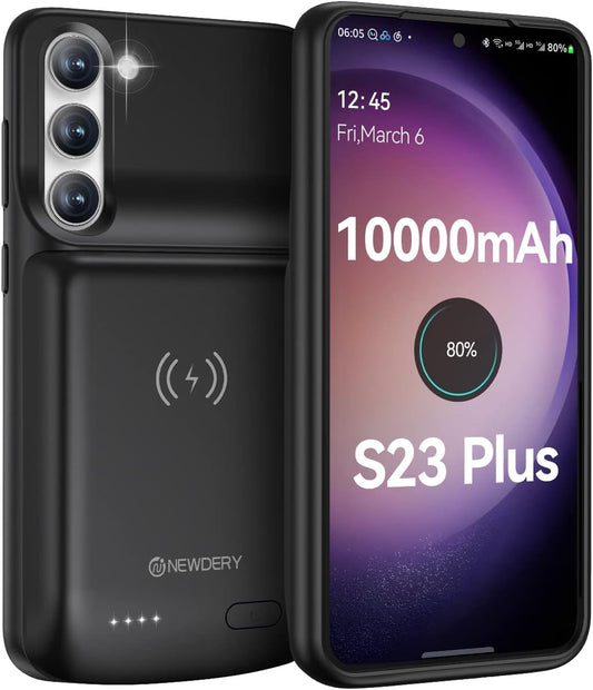 NEWDERY Battery Case for Galaxy S23 Plus 10000mAh, Qi Wireless Charging, Fast Charging, Sync Data Supported, Powerful Portable Rechargeable Charger Case for Samsung S23+ 5G 6.6"(2023 Release) Black