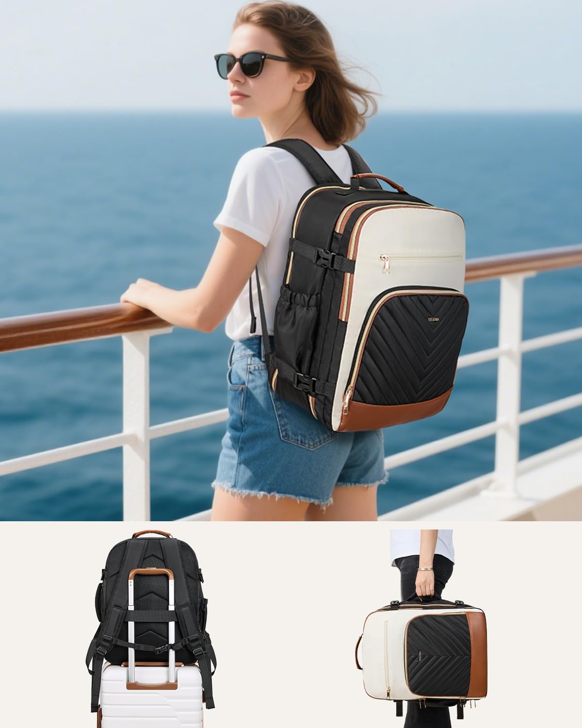 Telena Travel Backpack for Women, 17.3 inch Laptop TSA Carry On Personal Item Size Flight Approved Travel Bag Daypack with Multi-Pockets for Work, Travel, Business, Black-Beige-Brown