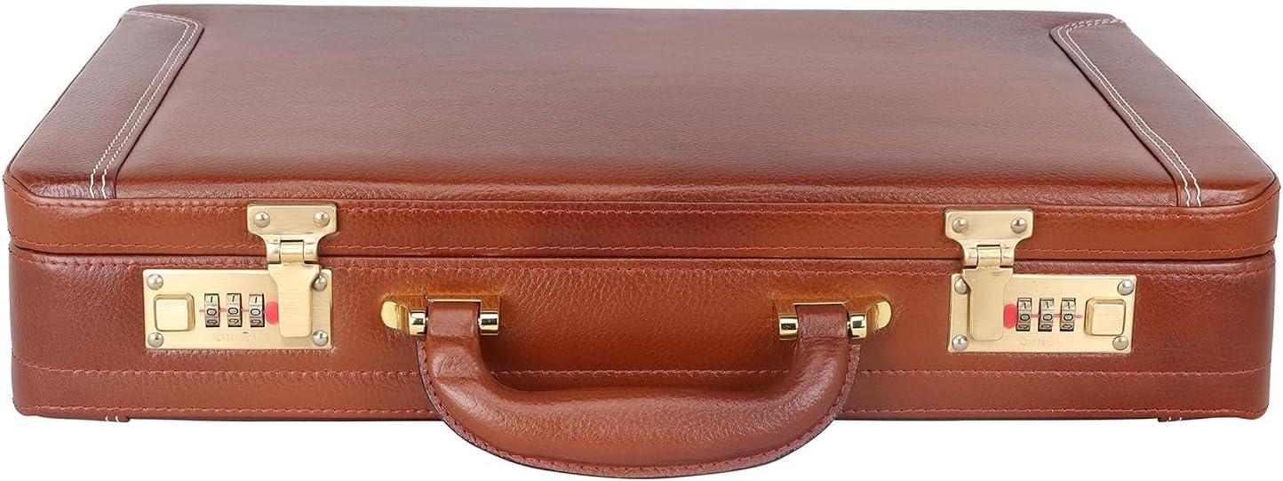 Full Grain Leather Briefcase Attache Case For Unisex Size L18 x W5 x H12 Inches Expandable
