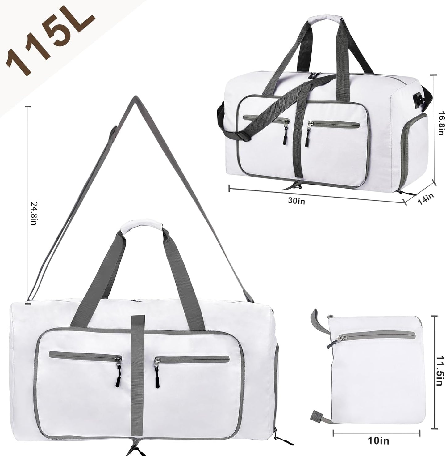 Dimayar 115L Travel Duffle Bag for Men Women - Foldable Duffel Bag with Shoes Compartment - Overnight Bags Waterproof & Tear Resistant(White)