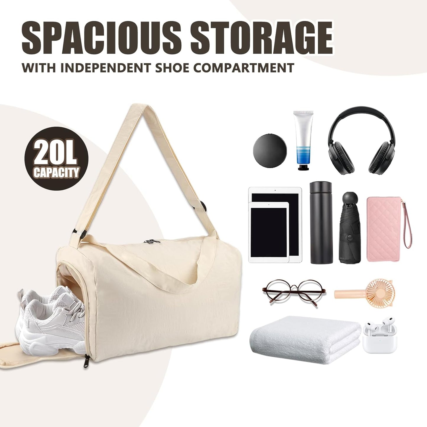 Small Gym Bag for Women with Shoes Compartment and Wet Pocket, Lightweight Travel Duffel Overnight Bags for Women & Men, Weekend Carry on Bag - Sport Yoga Swimming Dance(Beige)