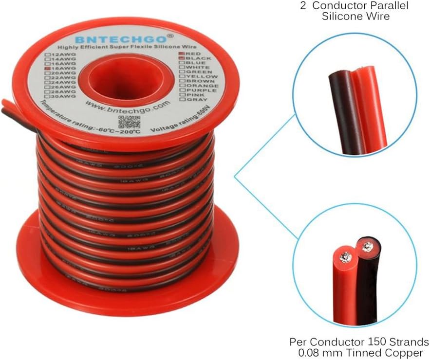 BNTECHGO 18 Gauge Flexible 2 Conductor Parallel Silicone Wire Spool Red Black High Resistant 200 deg C 600V for Single Color LED Strip Extension Cable Cord,Model,25ft Stranded Tinned Copper Wire