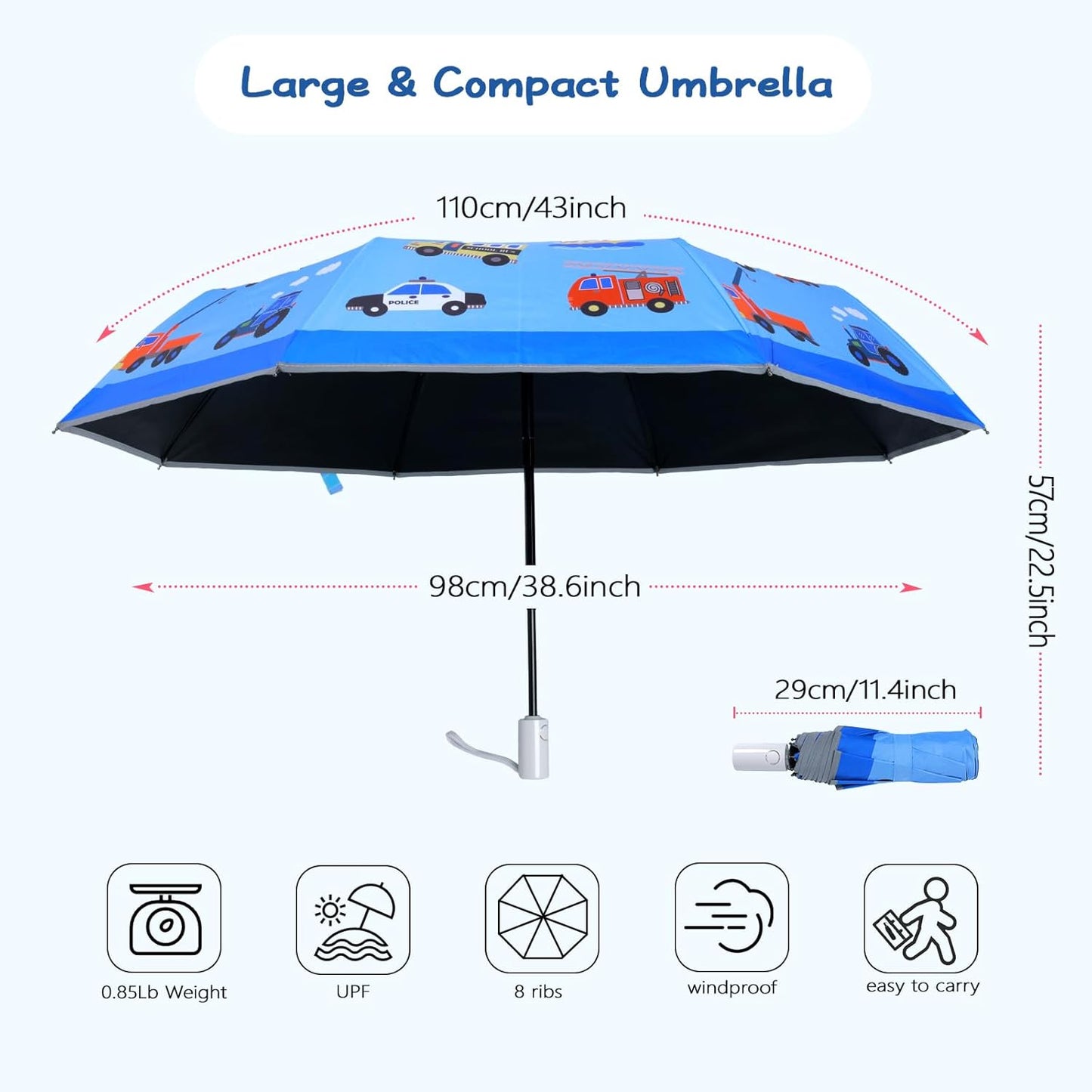 Kids Folding Umbrella Auto Open/Close Anti-rebound Safe Design UV Resistant Automatic Children Travel Umbrellas 8 Rib Reinforced Canopy 360° Reflective Strip Lightweight Cute Umbrella for Girls & Boys