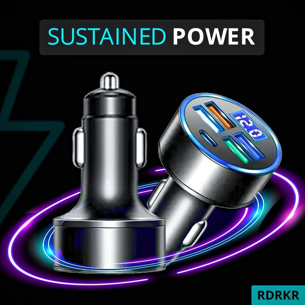 Car Charger 5 Port Cigarette Lighter USB Adapter LED Voltage Monitor (4USB+PD) Cigarette Lighter Adapter USB C Compatible with Android/iPhone and Tablets Devices