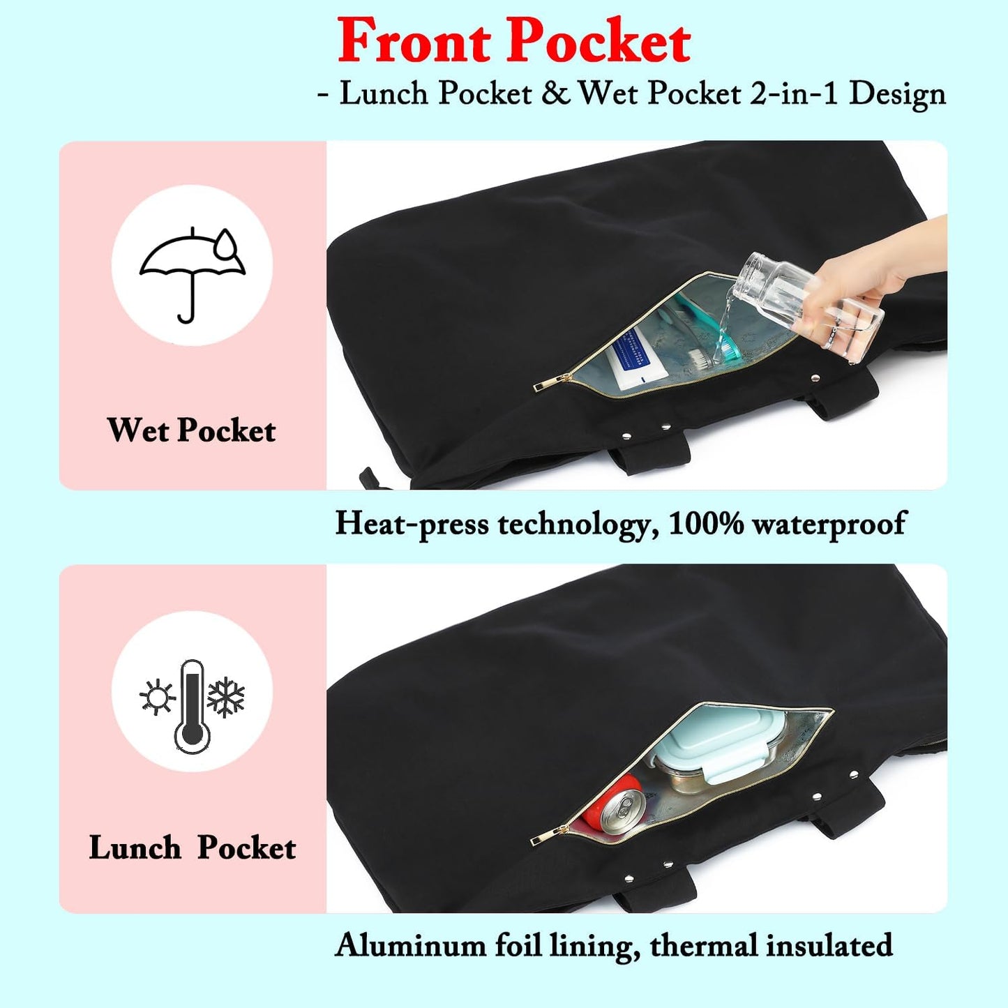 Large Beach Bag for Women, Waterproof Travel Tote Bag with Lunch/Wet Pocket for Weekender, Sandproof, Zipper Closure