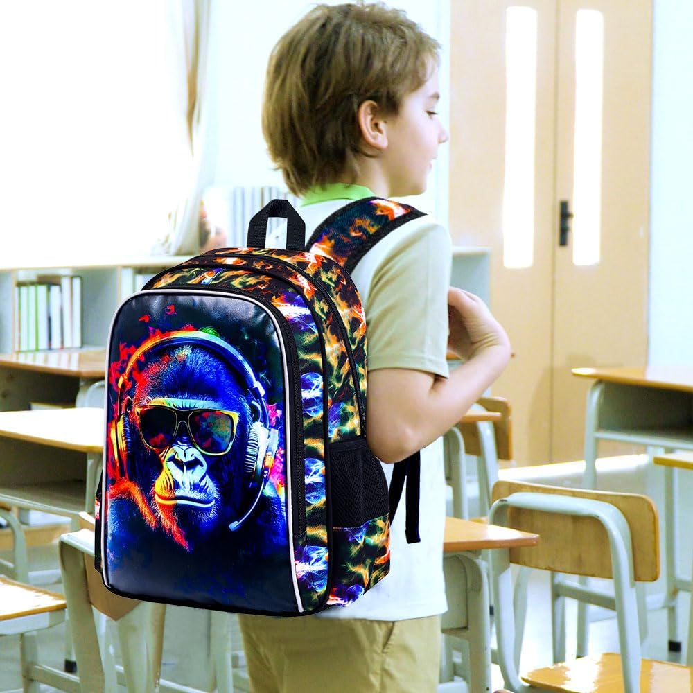 3PCS Kids Backpacks for Boys, Water Resistant Gorilla Bookbag with Lunch Box, 17" School Bag Set for Teenagers Middle Elementary - Sunglasses Gorilla