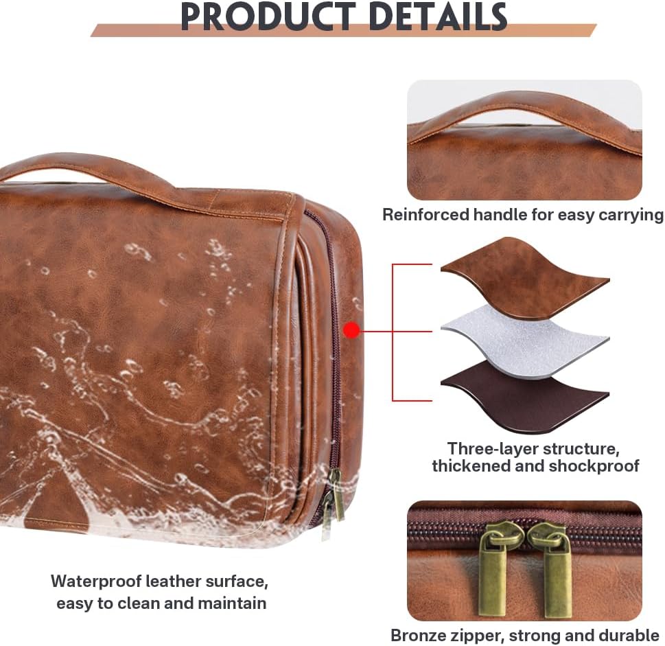 HDSD Custom 3-in-1 PU Leather Toiletry Bag For Men Personalized Hanging Travel Organizer Bag for