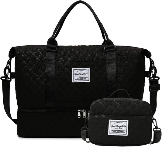 Travel Duffel Bags with Toiletry Bag and Shoe Compartment, Wet Pocket,Carry On Overnight Bag for Women Travel,Gym,Weekend.Hospital Bags for Labor and Delivery (Black)