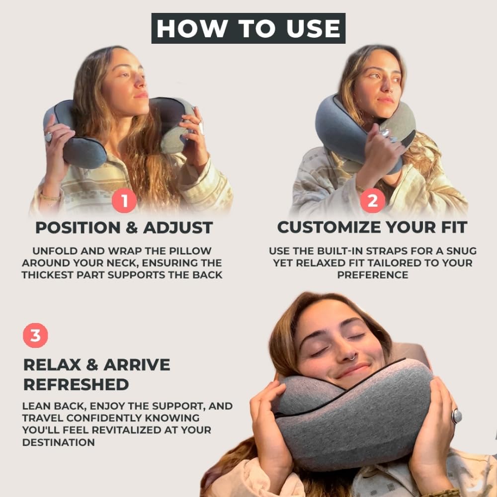 FlyHugz® Neck Travel Pillow Memory Foam Neck Pillow for Comfort on Airplane Compact and Ergonomic