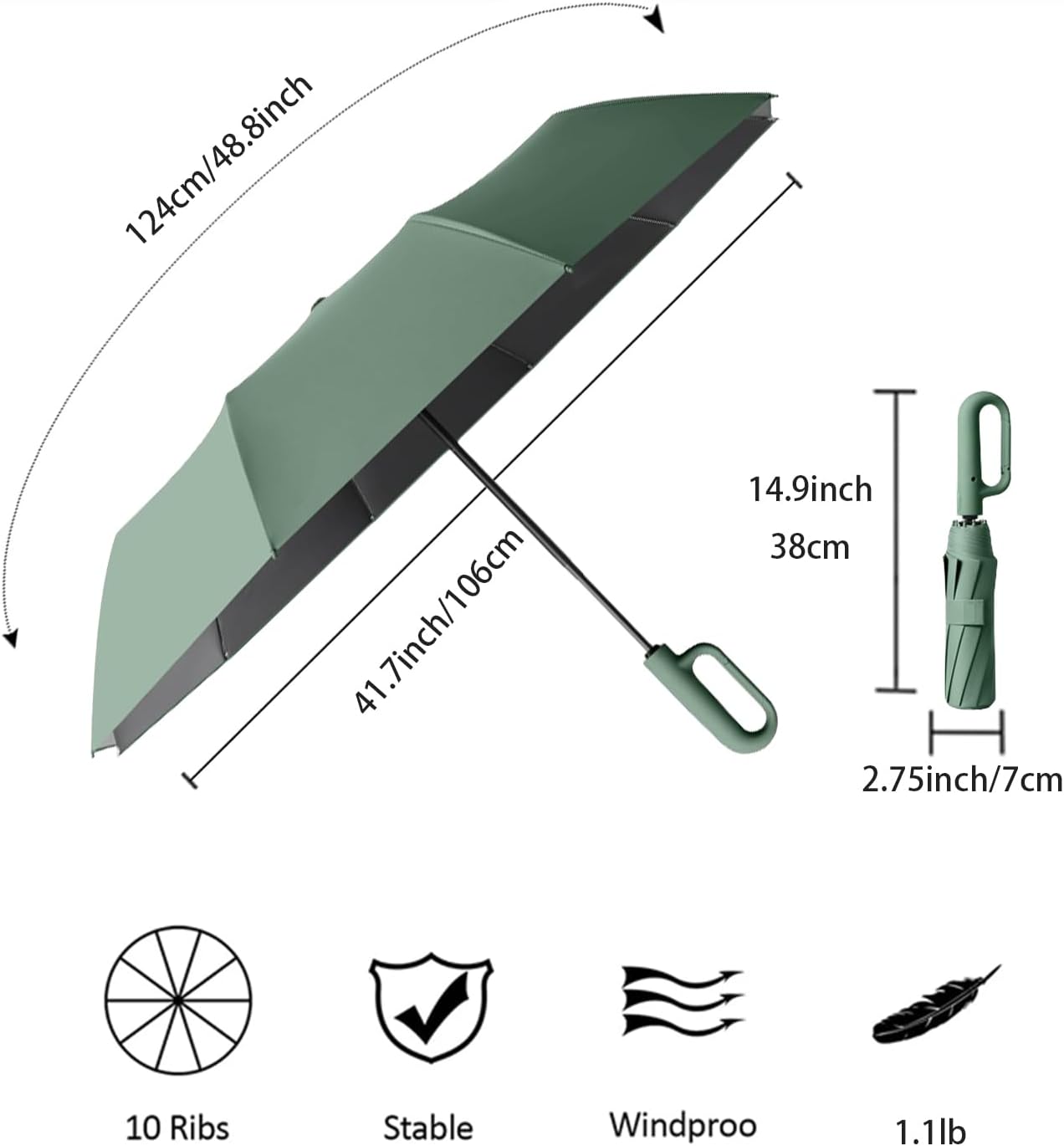 Travel Folding Golf Umbrella 10 Ribs Automatic Open/Close,Lightweight Compact Portable Backpack Car Parasol Outdoor,Sun/Rain,Anti 99 UV Protection UPF 50,Men Women Carabiner Handle Design
