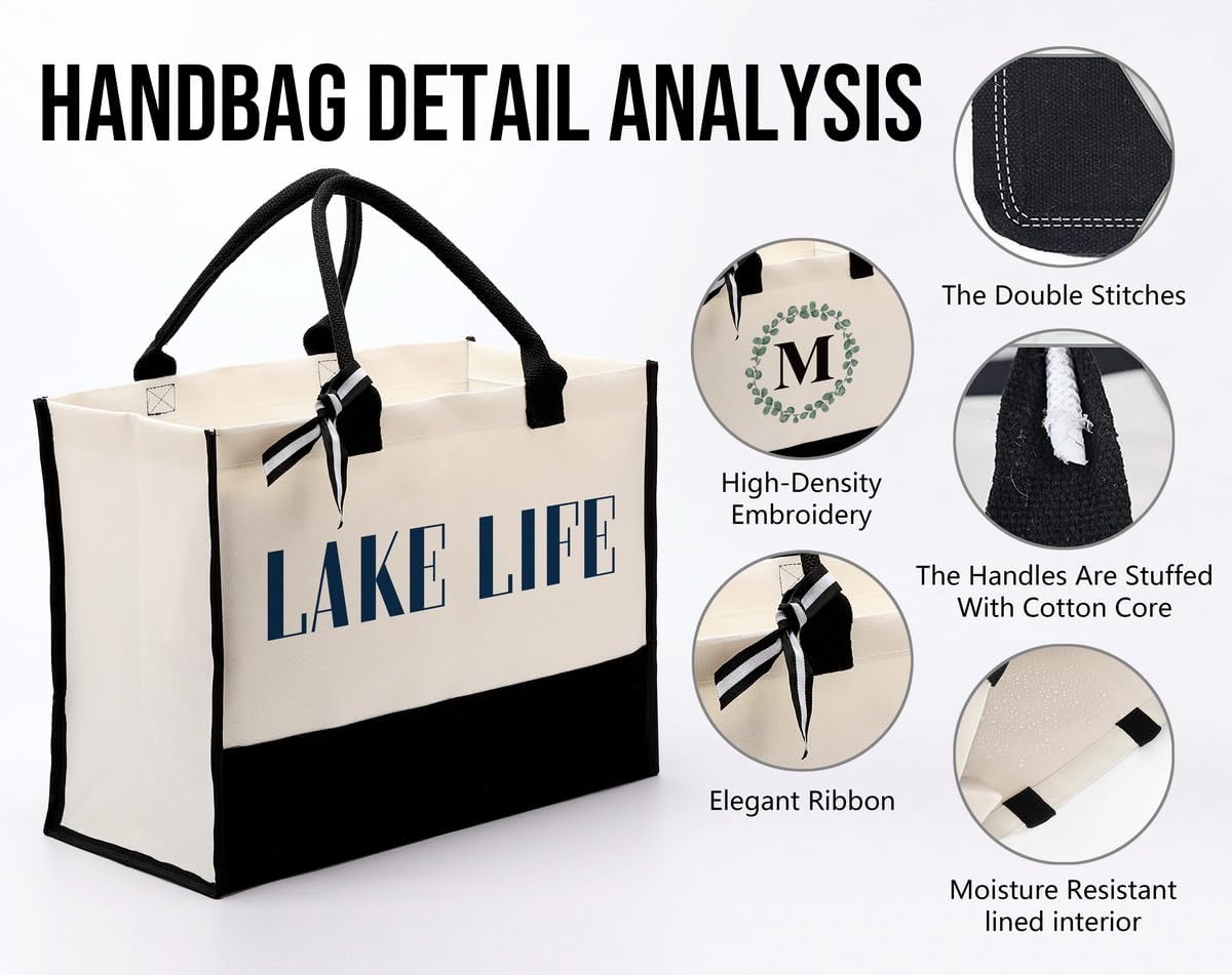 EDCTO Canvas Tote Bag, Cotton Canvas Tote Bag, Lake Trip Bag, Birthday Gifts for Women Friend Her, Canvas Tote Bags for Lake Life Lover, Canvas Beach Tote for Boating Weekend Holiday Overnight Travel