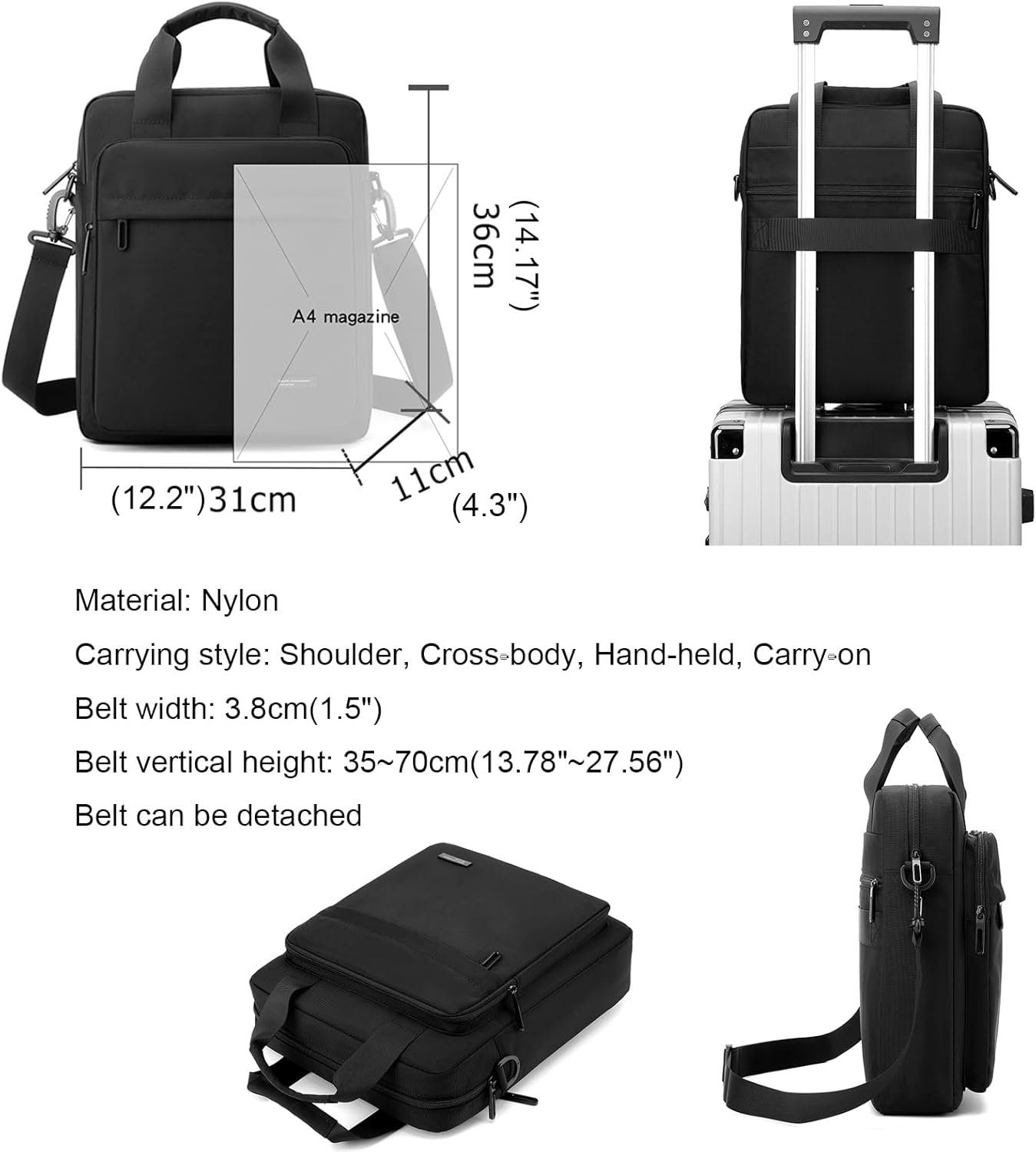 Men's Messenger Bag A4 Nylon Large Shoulder Bag Business Waterproof Casual Black Crossbody Bag for Work Travel Outdoor