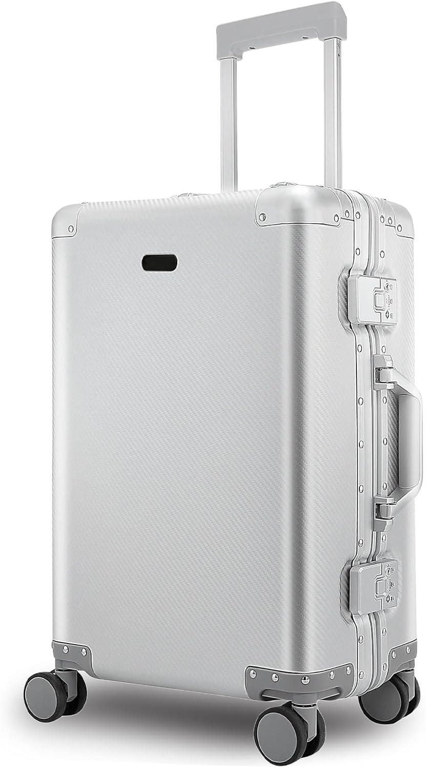 Tmore Aluminum Frame Luggage with No Need to Check in, Hardside Suitcase with Spinner Wheels, Metal Travel Luggage with Double Tsa Locks, 20 Inch, Silver Small