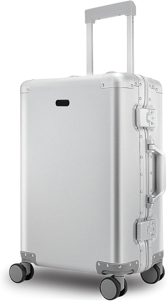 Tmore Aluminum Frame Luggage with No Need to Check in, Hardside Suitcase with Spinner Wheels, Metal Travel Luggage with Double Tsa Locks, 20 Inch, Silver Small