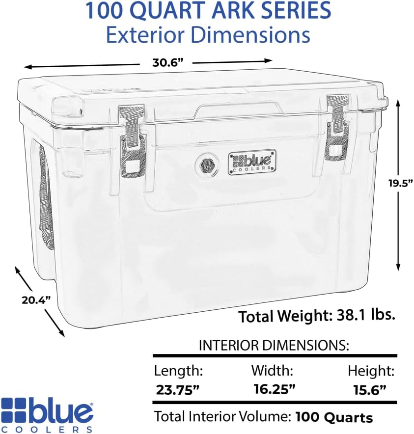 Blue Coolers Ark Series 100-110 Quarts, Roto-Molded Ice Cooler | Large Ice Chest Holds Ice up to 10