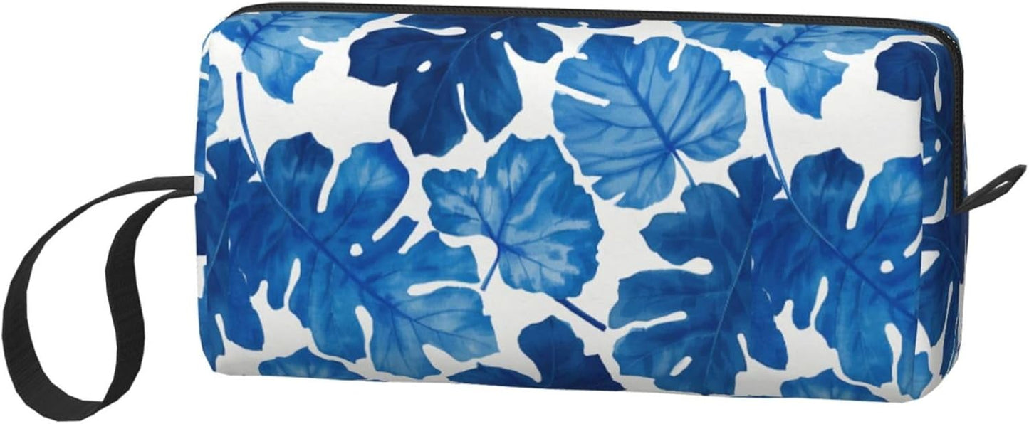 Blue Tropical Leaf Makeup Bag Small Compact Durable Travel Cosmetic Bag Organizer Oxford Fabric Multi-Purpose Storage Perfect for Travel, Gym, Daily Use