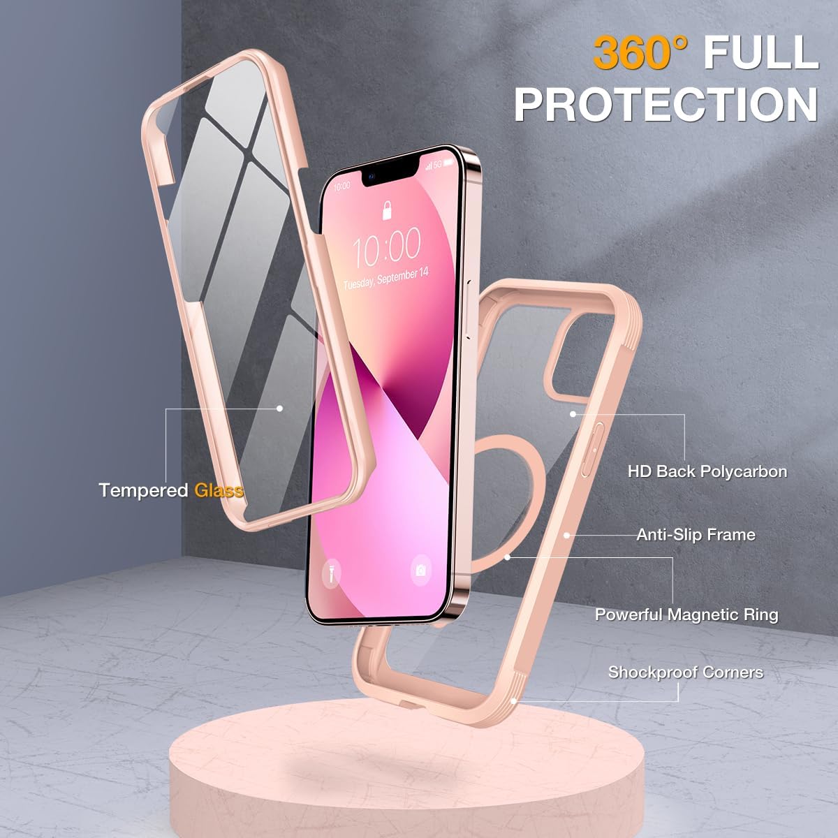 Miracase Magnetic Case for iPhone 13 Mini 5.4 Inch,with MagSafe,Built in Screen Protector,Full Body Protection(Pink)