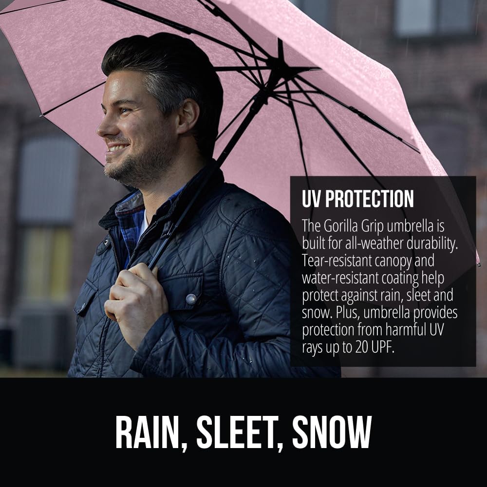 GORILLA GRIP Strong Windproof Stick Compact Umbrella for Rain, One-Click Automatic Open and Close, Durable Quick Dry Waterproof Material, Lightweight and Portable, Travel Size Fits Backpack, Pink