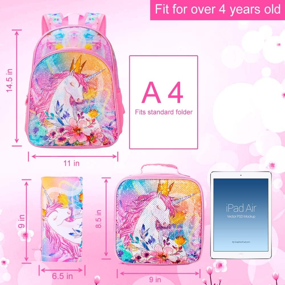 WZLVO Kids Backpack for Girls,Prechool Elementary Kindergarten School Bookbag and Lunch Box