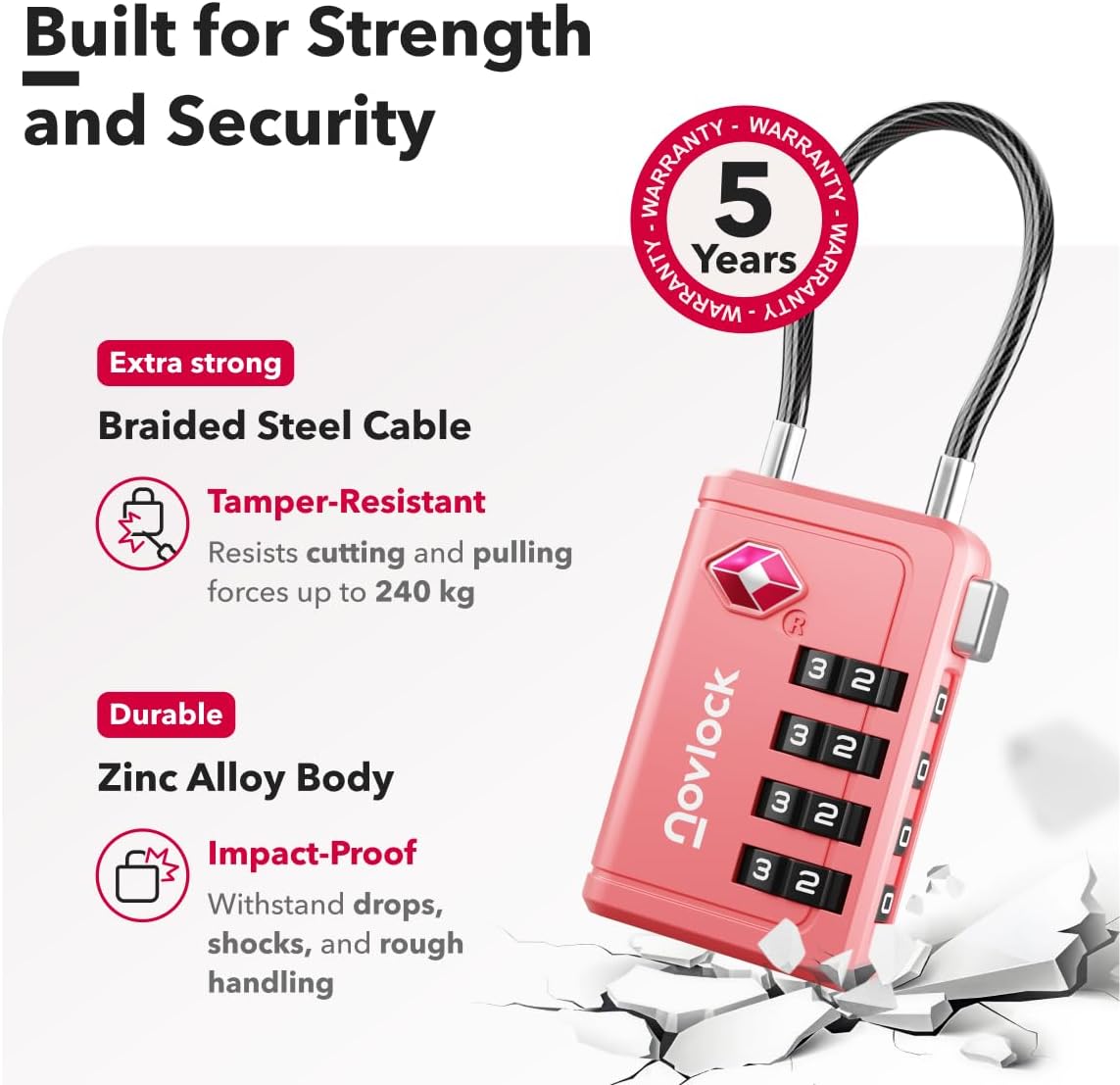 TSA Approved Luggage Locks | Inspection Indicator, 4-Digit Combination, Durable Zinc Alloy | for Suitcases, Backpacks, Travel Bags | Pink, 2-Pack