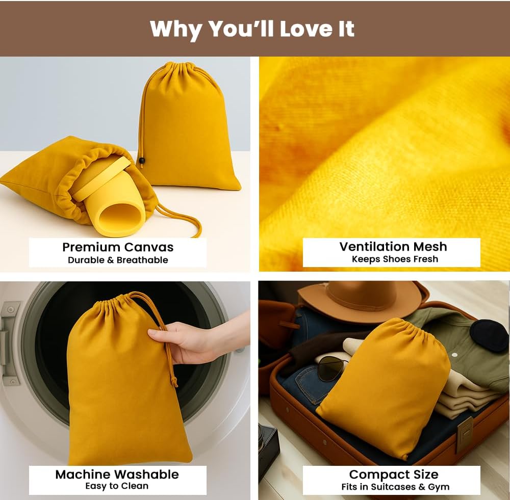 LFH Cotton Rich Shoe Storage Bags with Drawstring, Dustproof Breathable Reusable Organizer, Perfect For Travel, Dorm, Hotel, College, Gym, Easy to Carry, Machine Washable 8"x17" (Pack of 6) - Golden