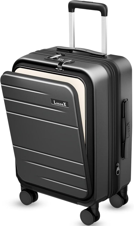 Carry On Luggage 22x14x9 Airline Approved, FLO5 Expandable Polycarbonate Suitcase with Front Pocket (FX-Core, Black, 20 Inch)