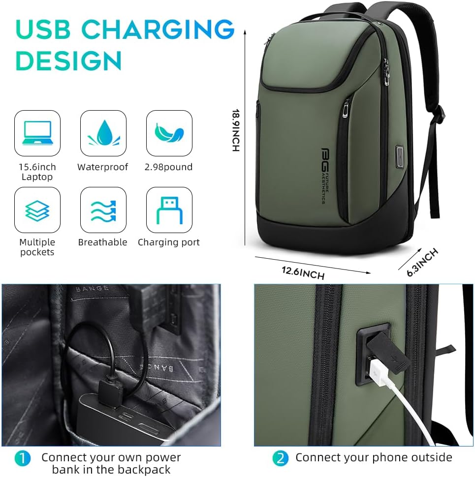 BANGE Business Smart Backpack Waterproof fit 15.6 Inch Laptop Backpack with USB Charging