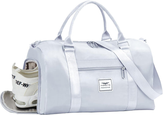 FIORETTO Womens Gym Tote Duffle Bag with Wet Pocket & Shoe Compartment, Sports Duffel Overnight Weekender Hospital Workout Carry on Bag for Girls, Ideal for Travel, Swimming, Dance, Ballet Grey