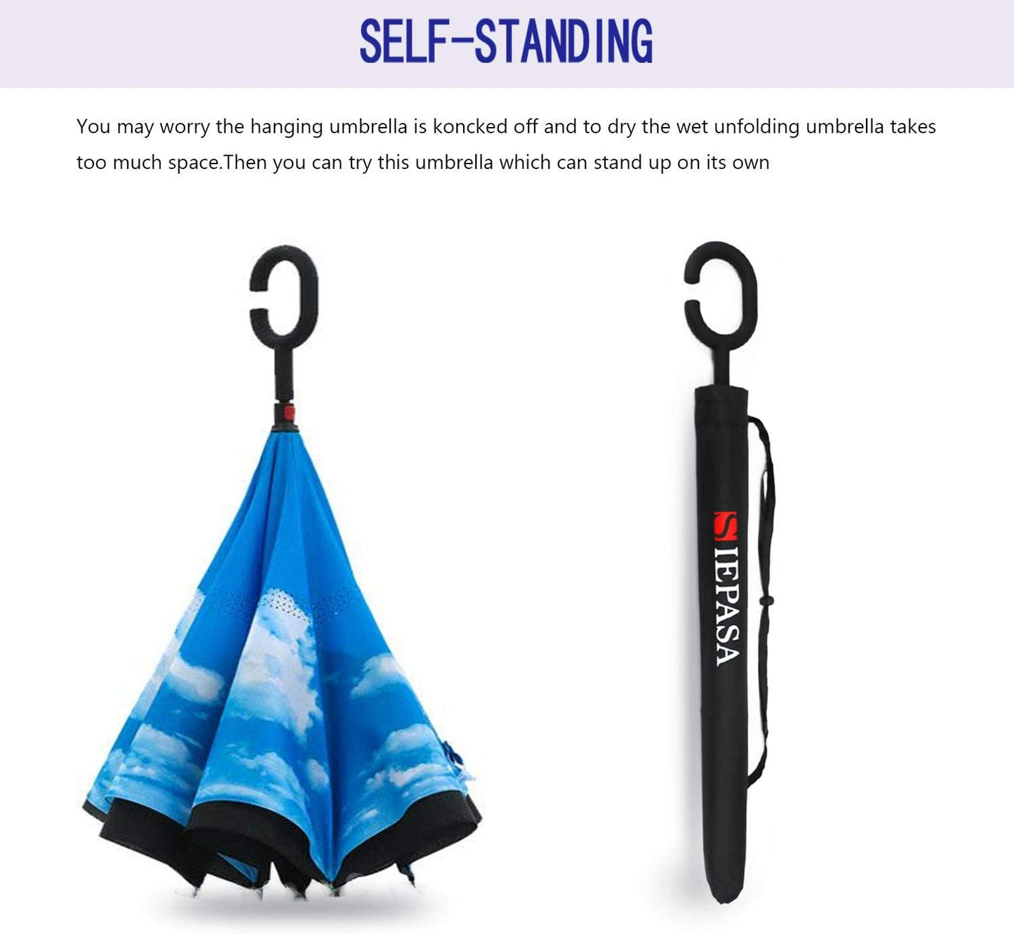 SIEPASA 49/56 Inch Inverted Reverse Upside Down Umbrella, Extra Large Double Canopy Vented Windproof Waterproof Stick Golf Umbrellas with C-shape Handle.