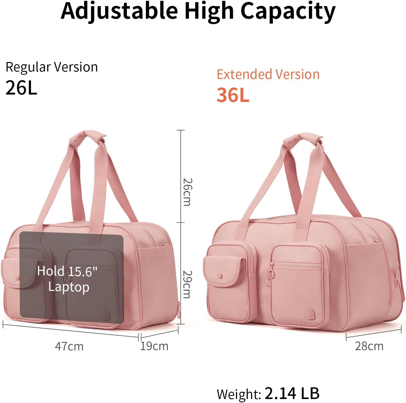 Aji Travel Duffel Bag, Expandable Pink Duffle Bag for Travel with Wet Pocket, Carry on Weekender Bags for Men Women, Large Capacity & Water Resistant Gym Duffel Bag Sport Bag (Plus)