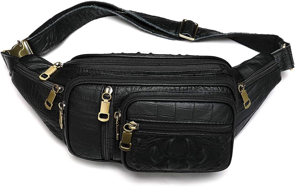 Genuine Leather Fanny Pack large capacity Crossbody Waist Bag with Zipper phone Pockets crocodile black