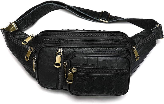 Genuine Leather Fanny Pack large capacity Crossbody Waist Bag with Zipper phone Pockets crocodile black