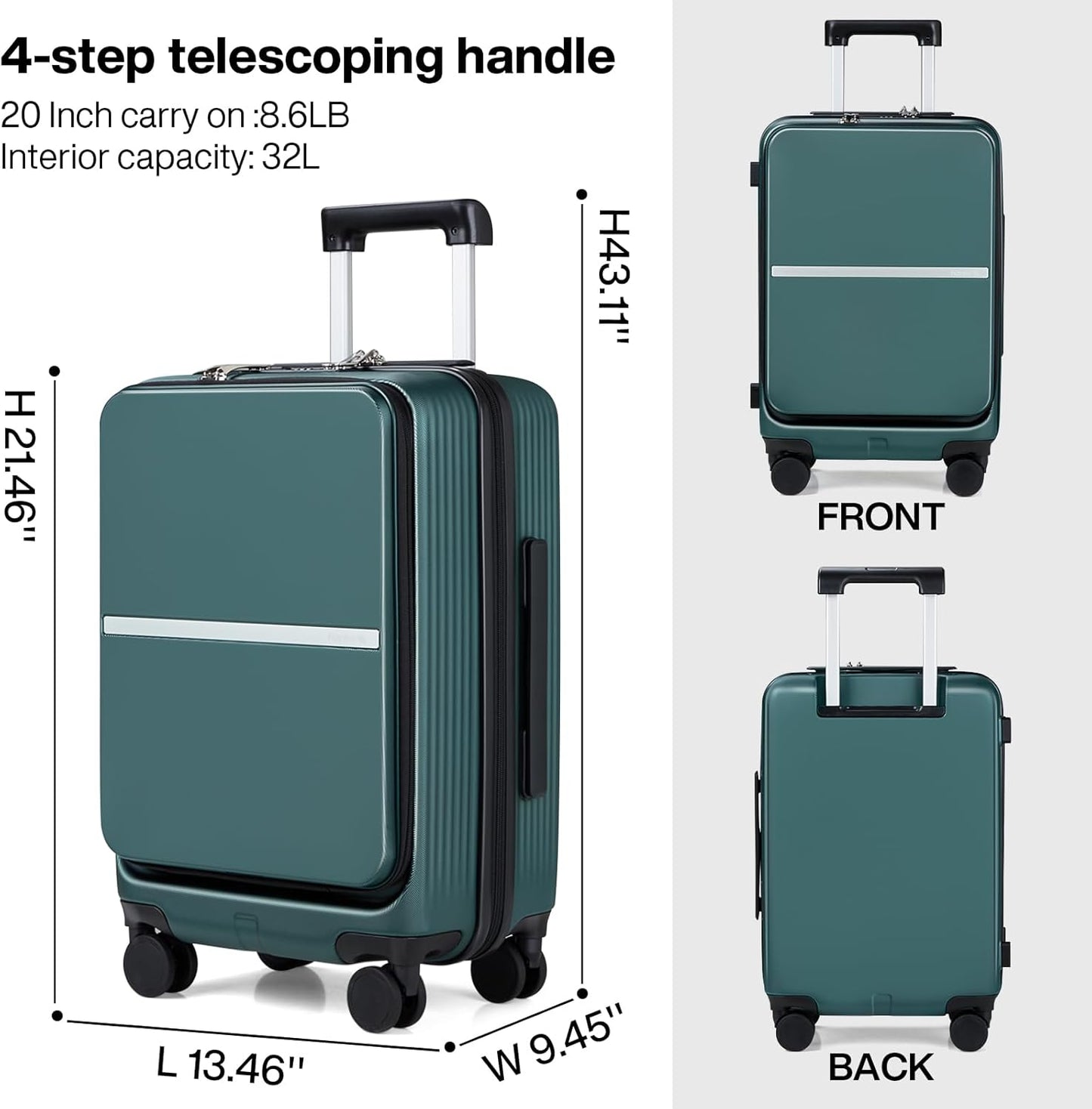 Hanke Carry On Luggage 22x14x9 Airline Approved - 20 Inch Durable PC Hard Shell Suitcase with Front Pocket, CarryOn Suitcase with Spinner Wheels, TSA Lock(Blackish Green, 32L)