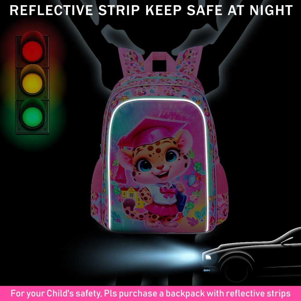 3PCS Leopard Bookbag for Girls, 16" Kids Backpack with Lunch Box, Water Resistant Elementary Prechool Toddler Shool Bag - Pink Dr. Leopard