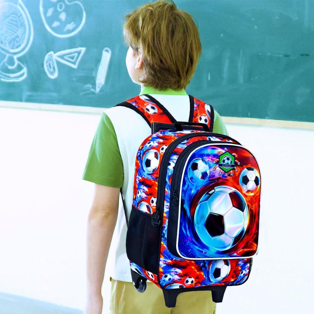 3PCS Rolling Backpack for Boys, Kids Roller Bookbag with Wheels, Soccer Wheeled School Backpack for