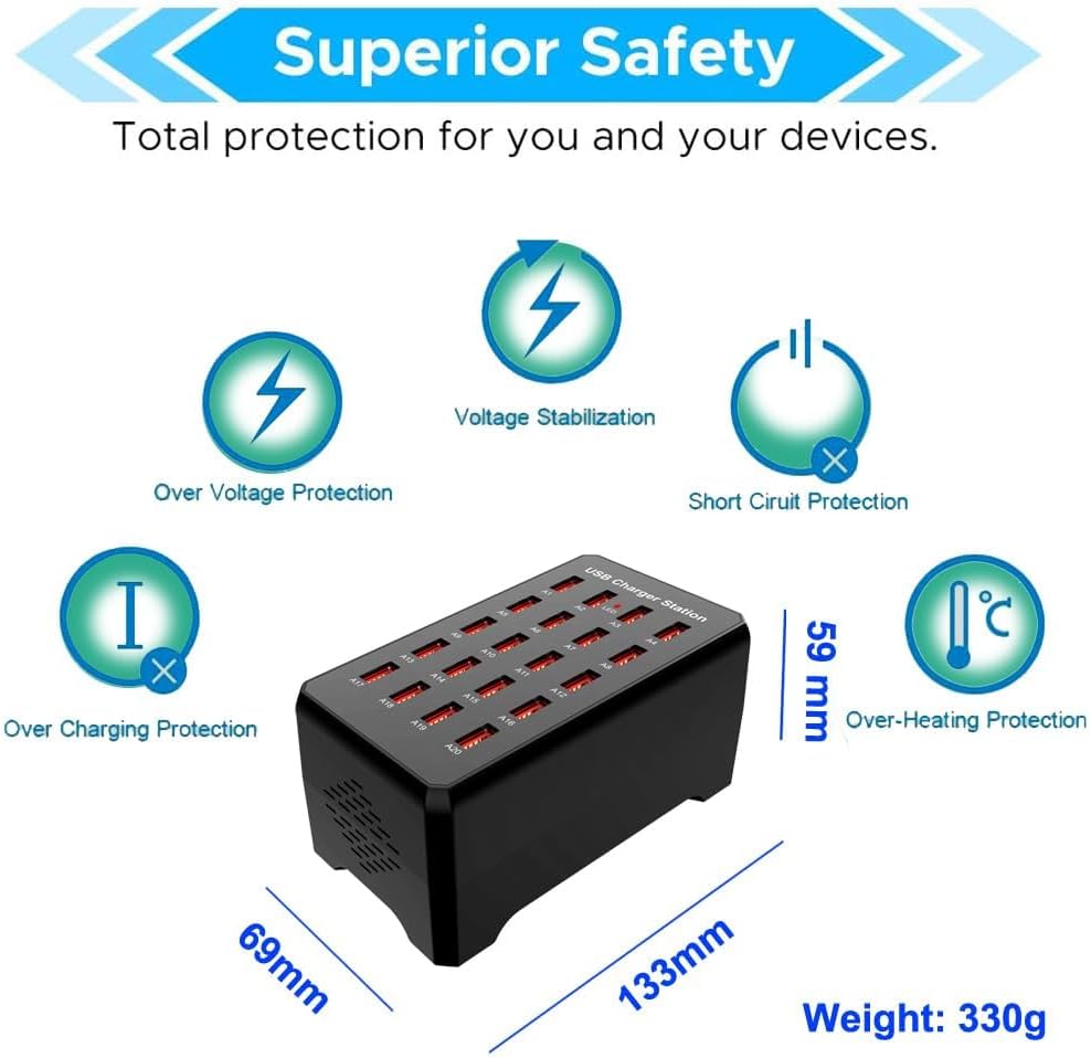100W 20-Port Multi-Device USB Charging Station - Supports simultaneous Charging for Smartphones, Tablets, smartwatches and Other USB-Powered Devices.(20-Port Charging Station - Black)
