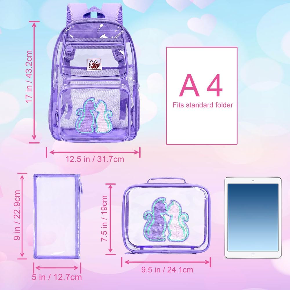 Clear Backpack for Girls and Boys, Kids Transparent Bookbag, 3PCS Cute See Through School Bag for Elementary Prechool