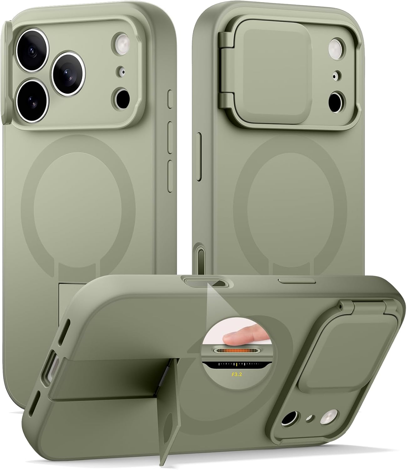 SURITCH for iPhone 17 Pro Max Case with Camera Control Cover, Camera Cover and Adjustable Kickstand, Compatible with MagSafe, Shockproof Bumper Protective Cases 6.9 Inch, Green
