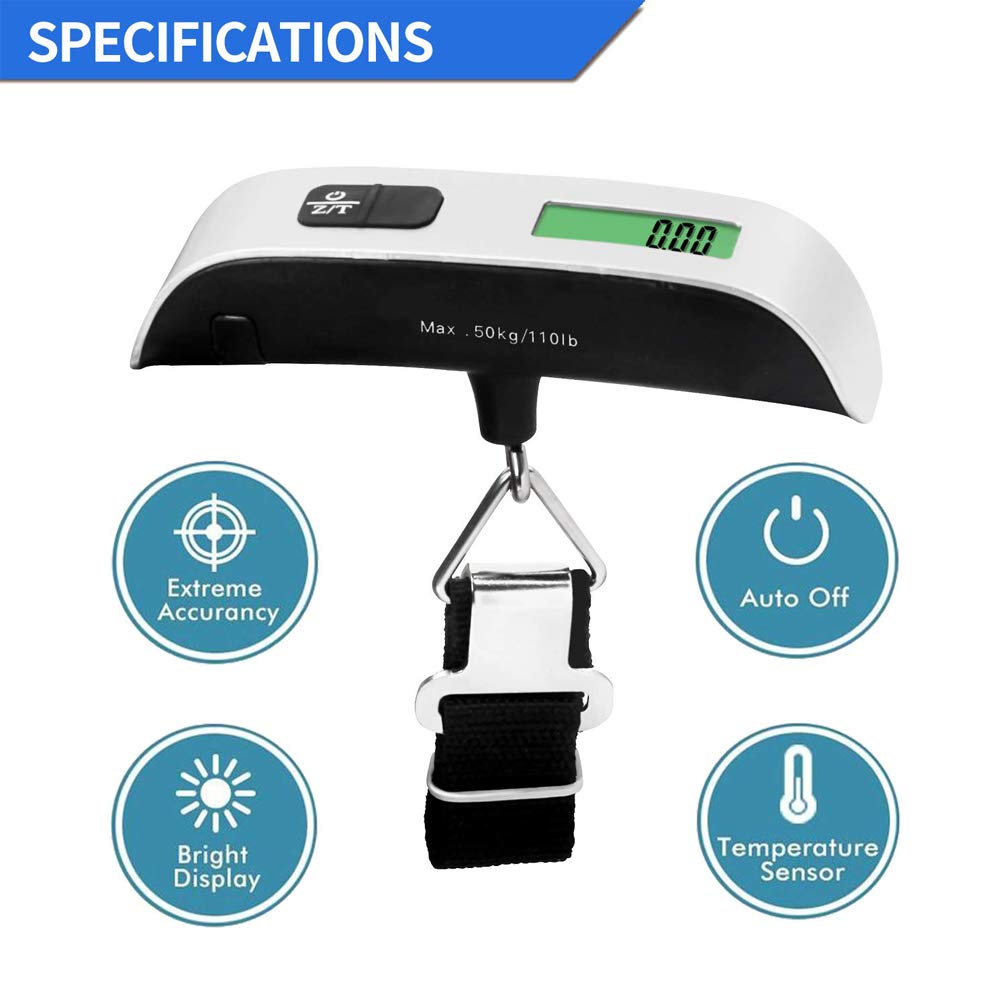 Digital Luggage Scale, LCD Display Portable Handheld Baggage Scale with Hook for Travel, Suitcase or Carry Bag, 110 Pounds