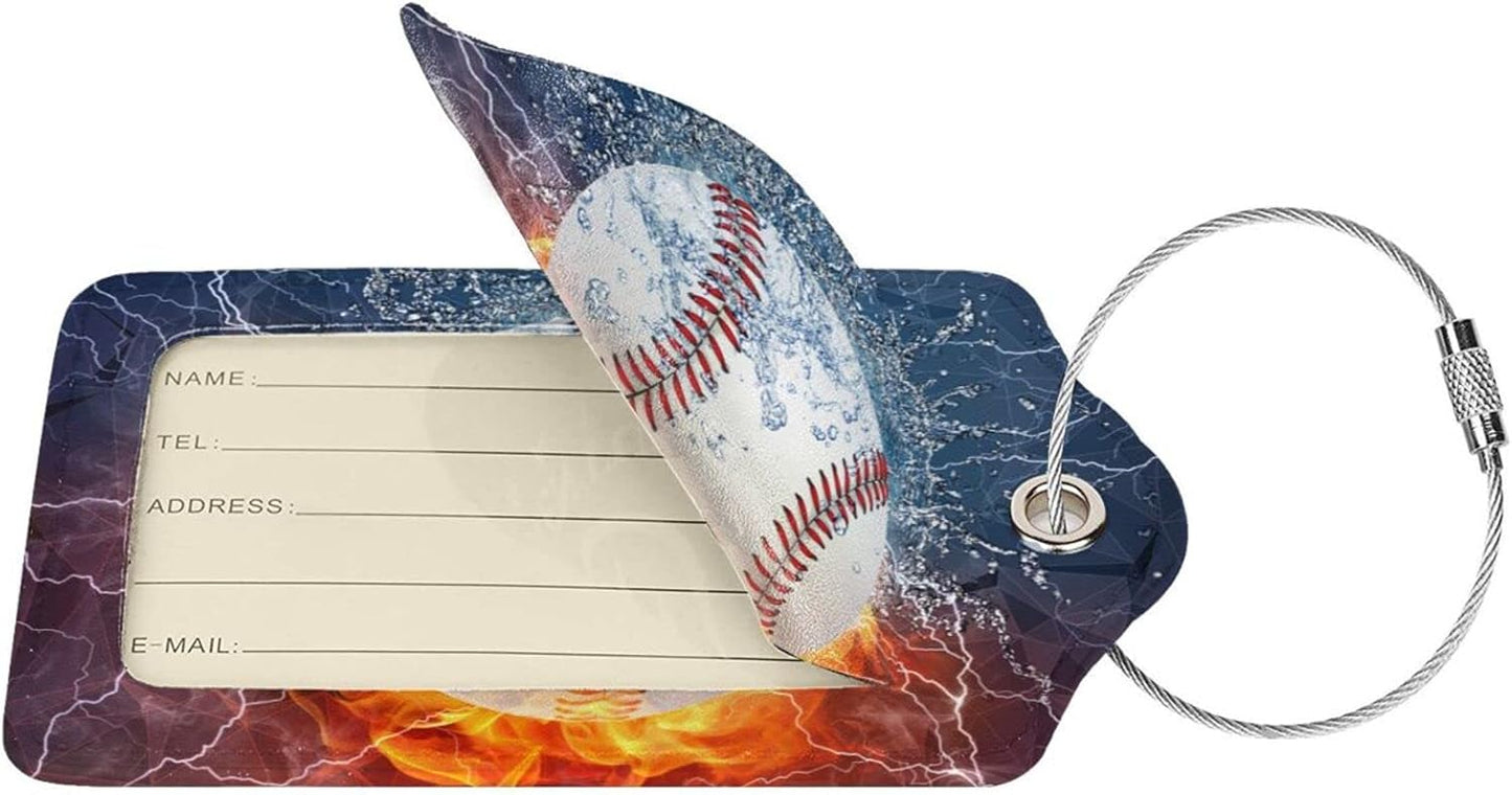 2 Packs Baseball Luggage Tags for Suitcases for Sports Men Boys Kids Travel, Name ID Card Labels Set PU Leather with Full Back Privacy Cover Stainless Steel Loop Baggage Tags