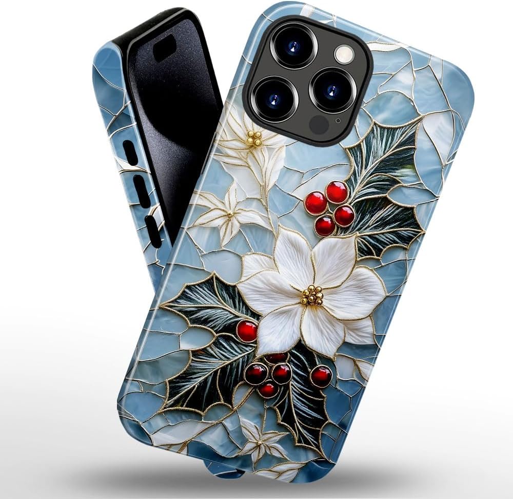 Case for iPhone 15 Pro - Slim Fit Anti-Scratch Phone Case for Girl Women - Christmas Holly Elegant Winter Floral (Glossy)