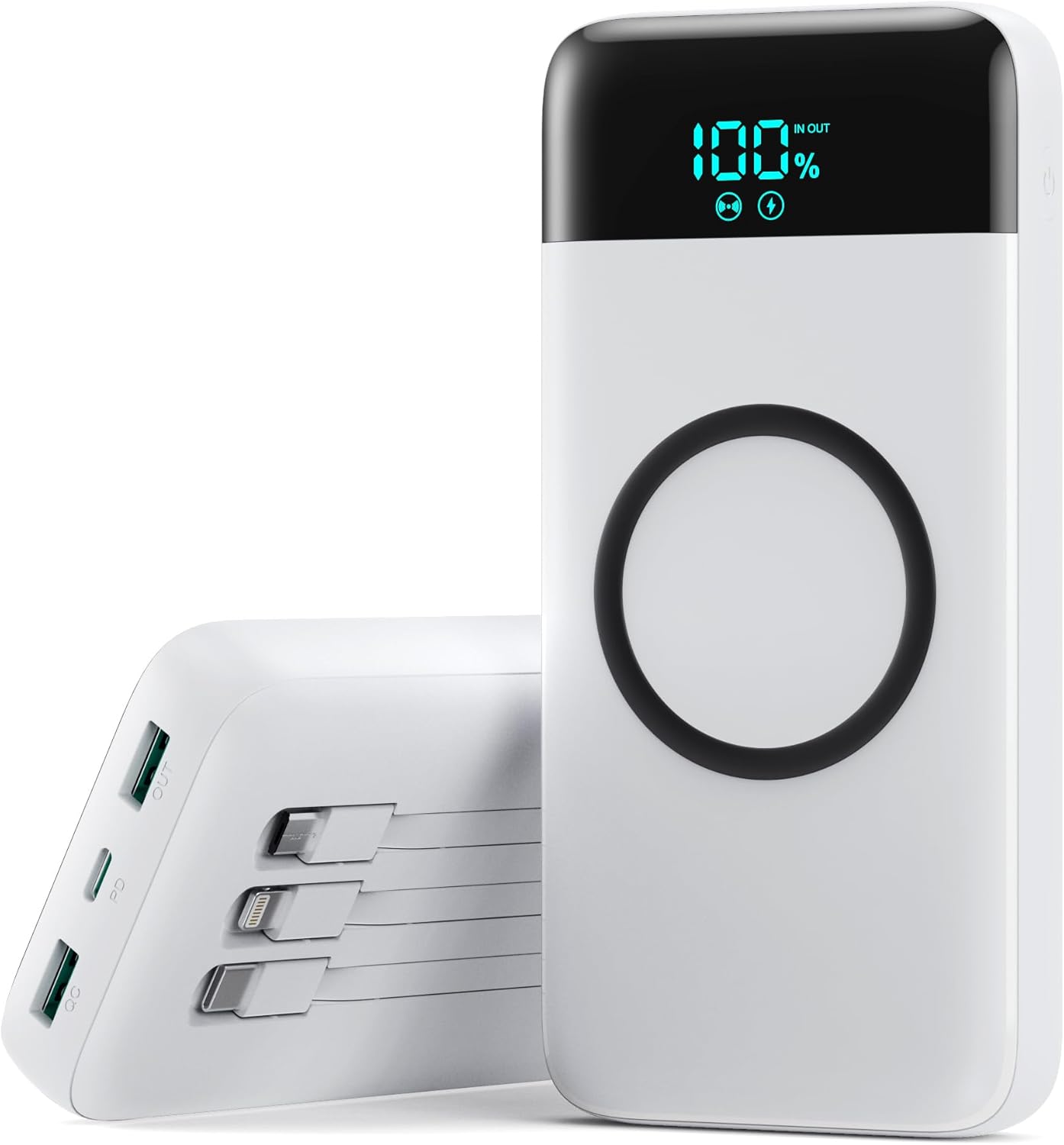 Wireless Portable Charger 40800mAh for iPhone with 3 Built-in Cables,7-in-1 15W Wireless Charging USB C Power Bank,25W PD Fast Charging Travel Essential Battery Pack for iPhone 17/16/15,Android-White