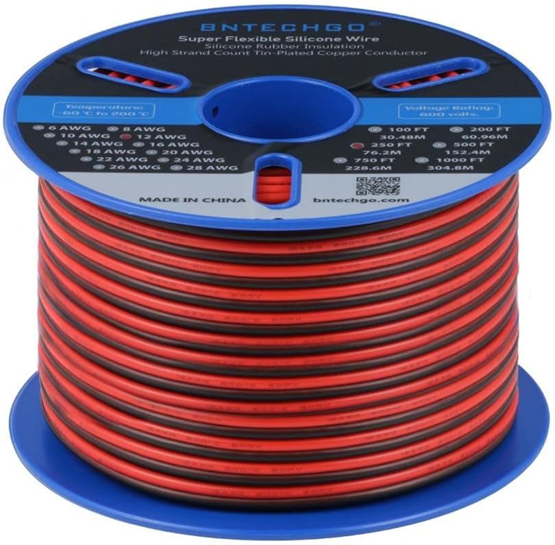 BNTECHGO 12 Gauge Flexible 2 Conductor Parallel Silicone Wire Spool Red Black High Resistant 200 deg C 600V for Single Color LED Strip Extension Cable Cord,Model 250ft Stranded Tinned Copper Wire