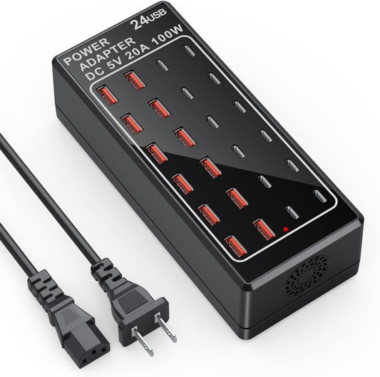 USB Charger Station, C Charging Block, 100W (20A) 24 Port Multiple USBCharger Desktop Wall Charger Hub 12 USB A 12 USB C Compatible for Apple iPhone, iPad, Samsung Galaxy, Laptop, Pixel, Phones