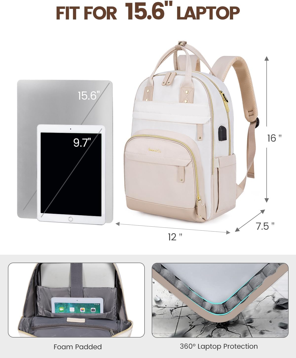 LOVEVOOK Backpack for Women,Laptop Backpack Women,Fits 15.6 Inch Laptop Bag,School Backpack,Fashion Travel Work Anti-theft Bag,Waterproof Business Computer College Backpack Purse,Beige white-Grey pink
