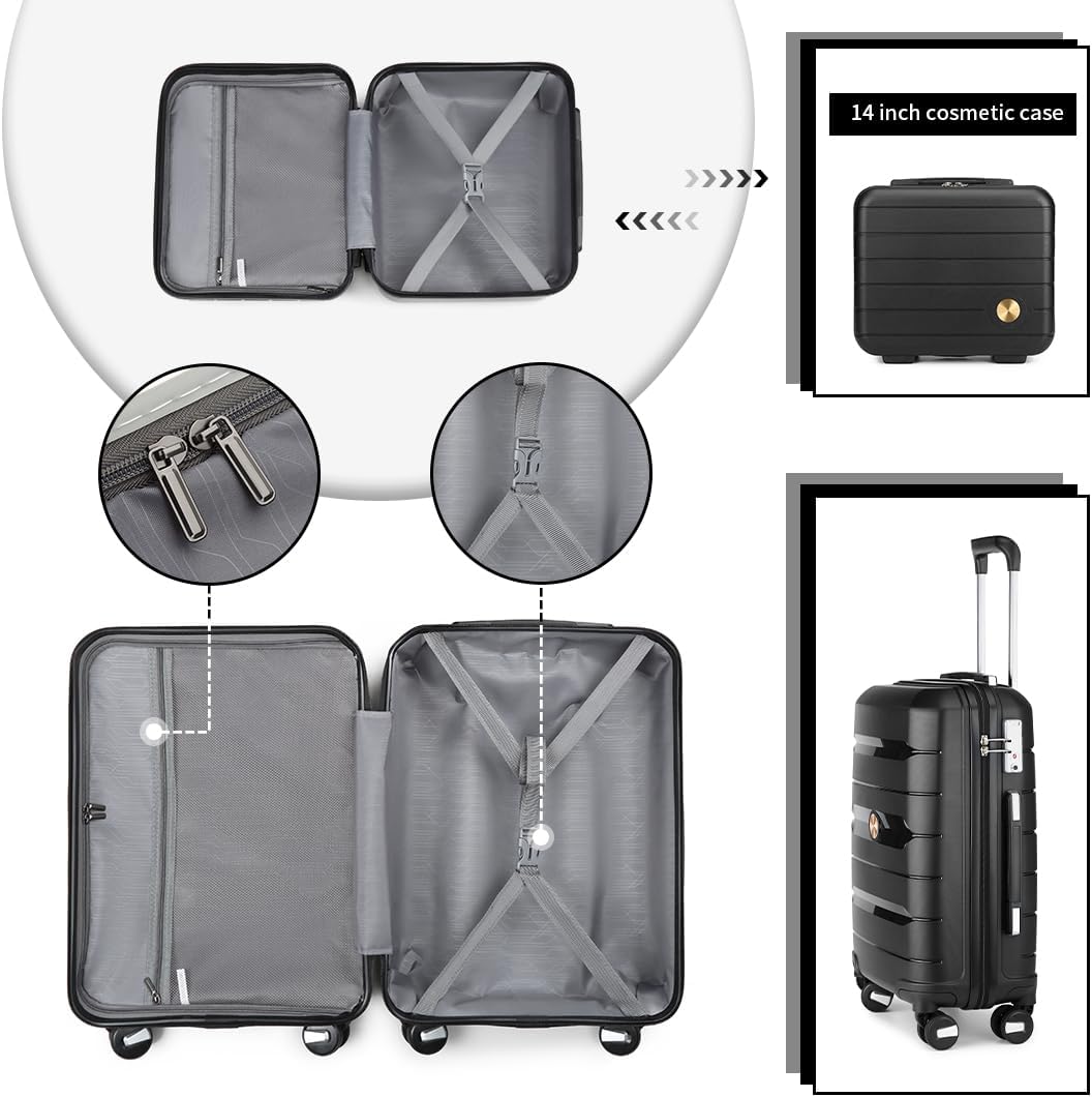 Somago Luggage Sets and Packing Cube Travel Set Lightweight Hardside Polypropylene Suitcases with Double Spinner Wheels and TSA Lock,Classic Black