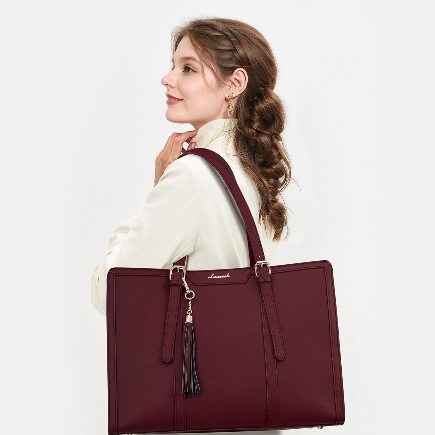 LOVEVOOK Laptop Tote for Women - 15.6 inch Lightweight PU Laptop Bag, Large Capacity Computer Bag with Clutch Purse for Business, Work, Office, Travel, Claret