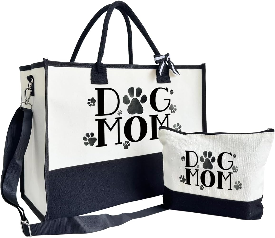 Dog Mom Tote Bag, Canvas Tote Bag for Women, Shoulder Beach Bag, Reusable Travel Beach Tote, Gifts for Dog Lovers and Pet Owners, Durable Everyday Handbag and Shopping Bag