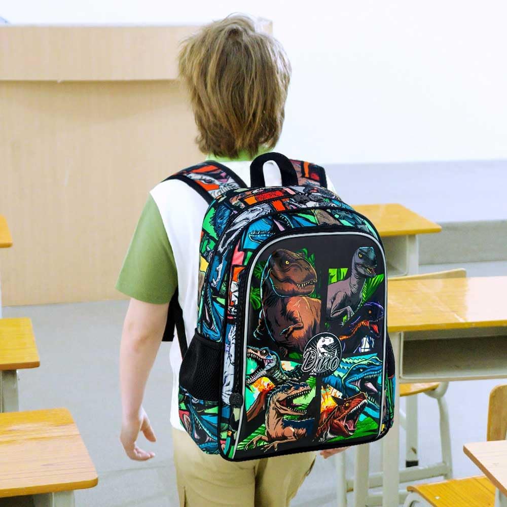 3PCS Dinosaur Backpack for Boys, 16 Inch Kids Water Resistant Preschool Elementary Kindergarten Bookbags and Lunch Box