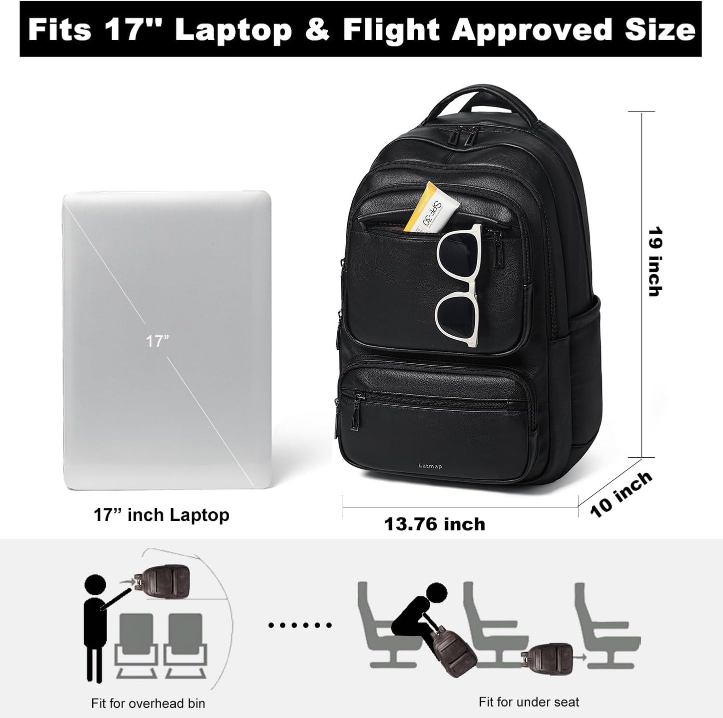 43L Backpack Purse For Women Leather Shoulder Diaper Bookbag Tote 17 16 15.6 Inch Laptop Bag Handbags For Travel Work College Large Black